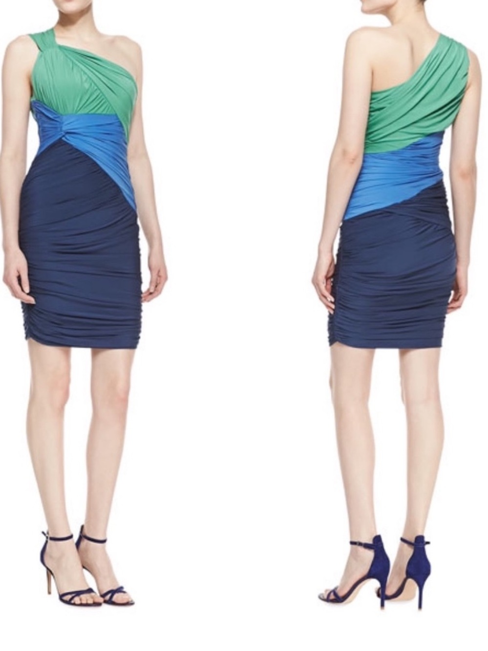 NEW Halston Heritage Colorblock One-Shoulder Ruched Mini Dress Size 14